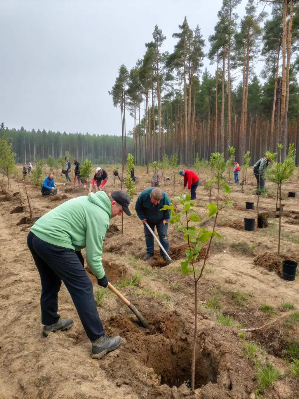 A vibrant photo of volunteers planting trees in a deforested area, highlighting ASSOCIATION PALEODECOUVERTES's commitment to environmental conservation and ecosystem restoration.