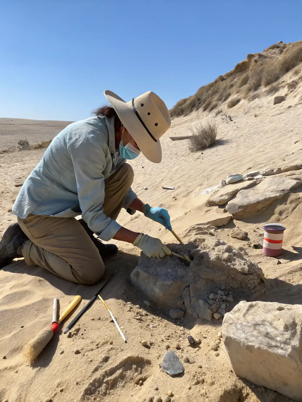 An archaeologist carefully excavating a fossil site, with tools and brushes, documenting the findings.