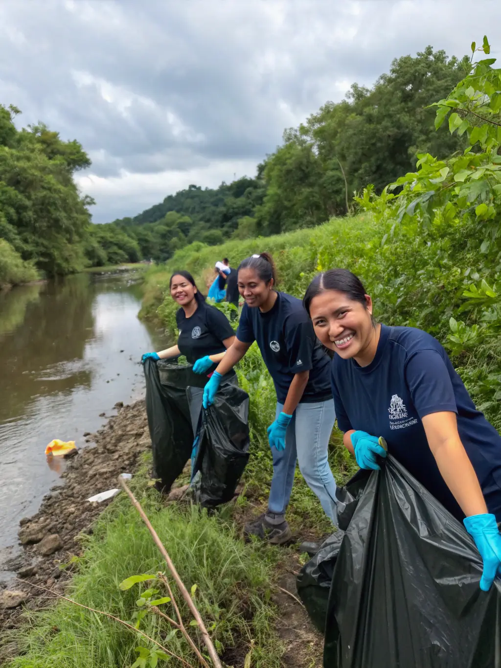 A group of volunteers cleaning up a local riverbank, removing trash and debris, showing community involvement.