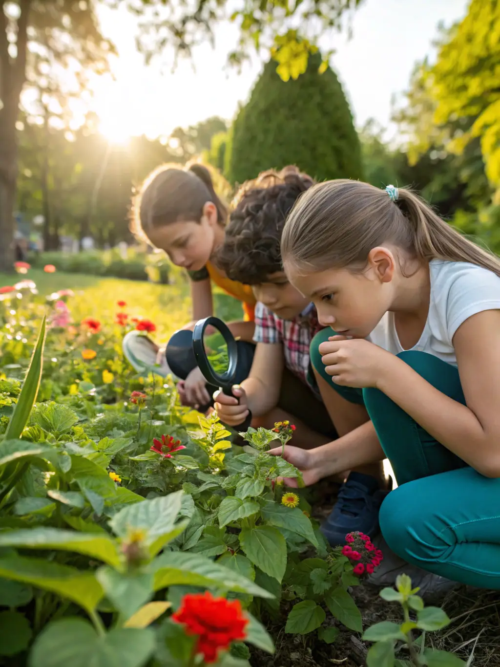 A group of children and adults participating in an outdoor environmental workshop, observing local flora and fauna. The workshop is focused on local ecosystems.