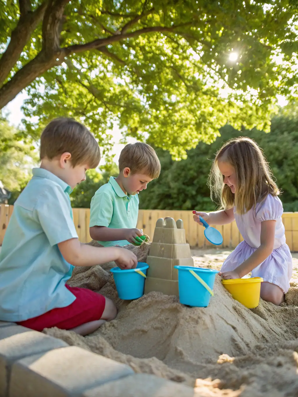 A group of children participating in a simulated archaeological dig, carefully brushing away sand to uncover artifacts, showcasing the educational aspect of ASSOCIATION PALEODECOUVERTES's programs.